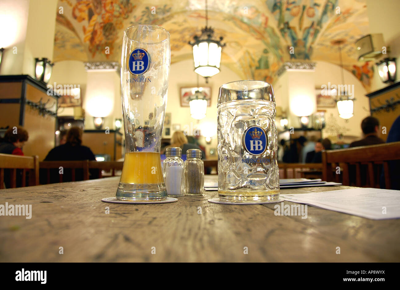 Glasses on a table in the Hofbrauhaus, Munich, Germany Stock Photo
