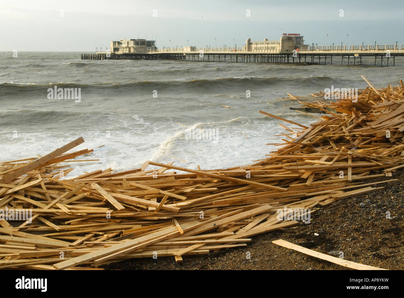 Beach Worthing West Sussex England Planks of wood from freighter the “Ice Prince” which sank in rough weather on January 15th Stock Photo