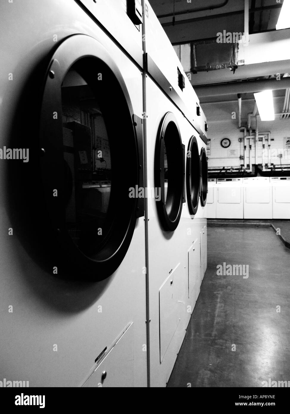 Rows of industrial laundry machines in an apartment building basement