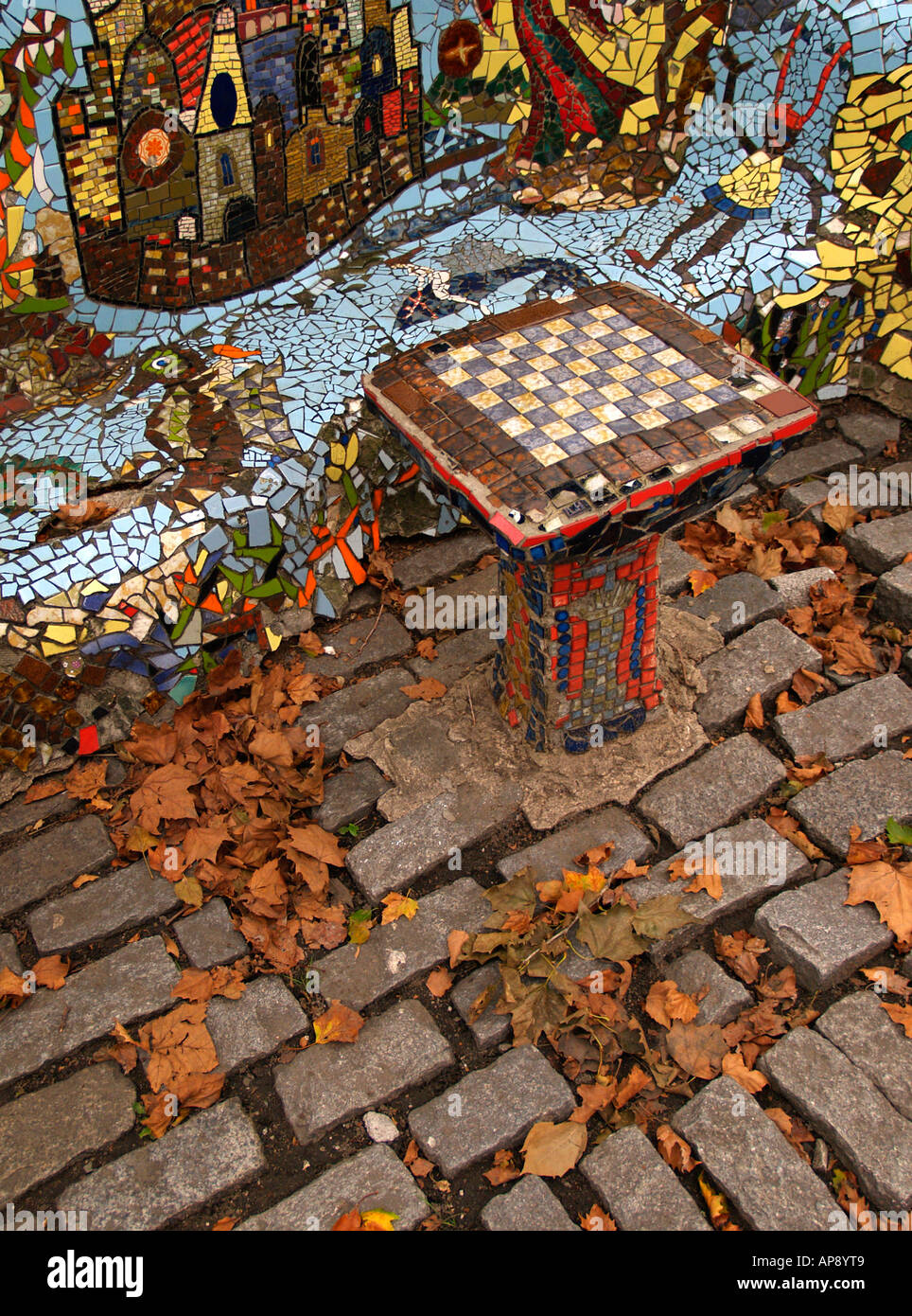 Colorful mosaic chessboard on the grounds of Grant's Tomb in New York City, wide view Stock