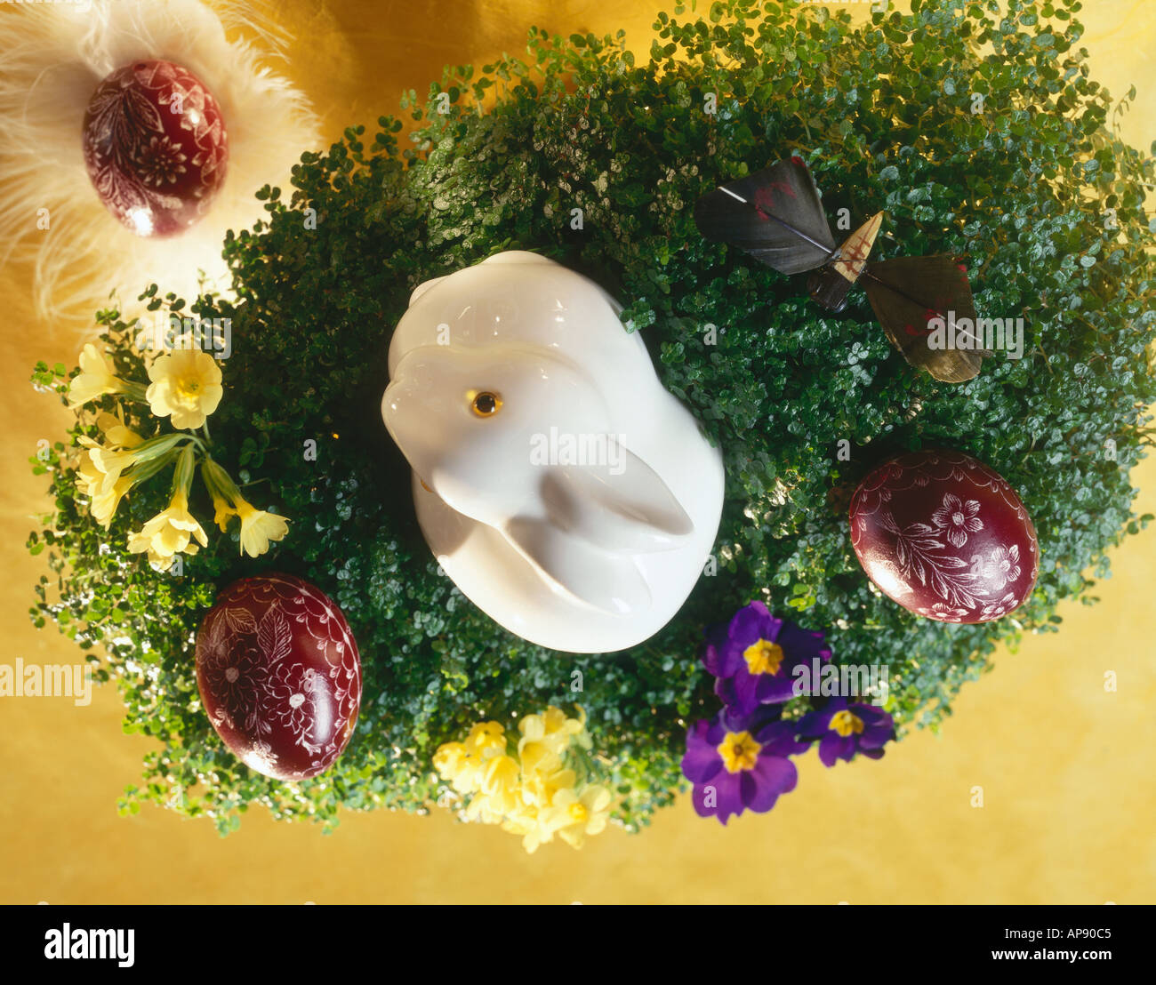 Easter eggs with easter bunny in nest Stock Photo