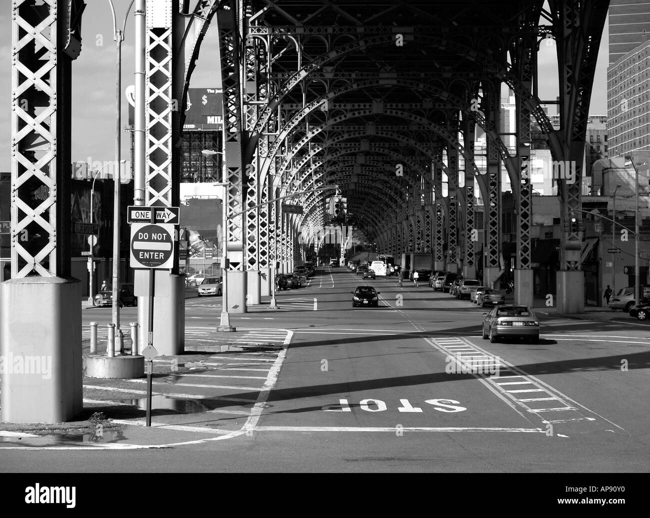 Black and white shot of the Riverside Drive Viaduct on the upper west side of Manhattan near the Hudson River. Stock Photo