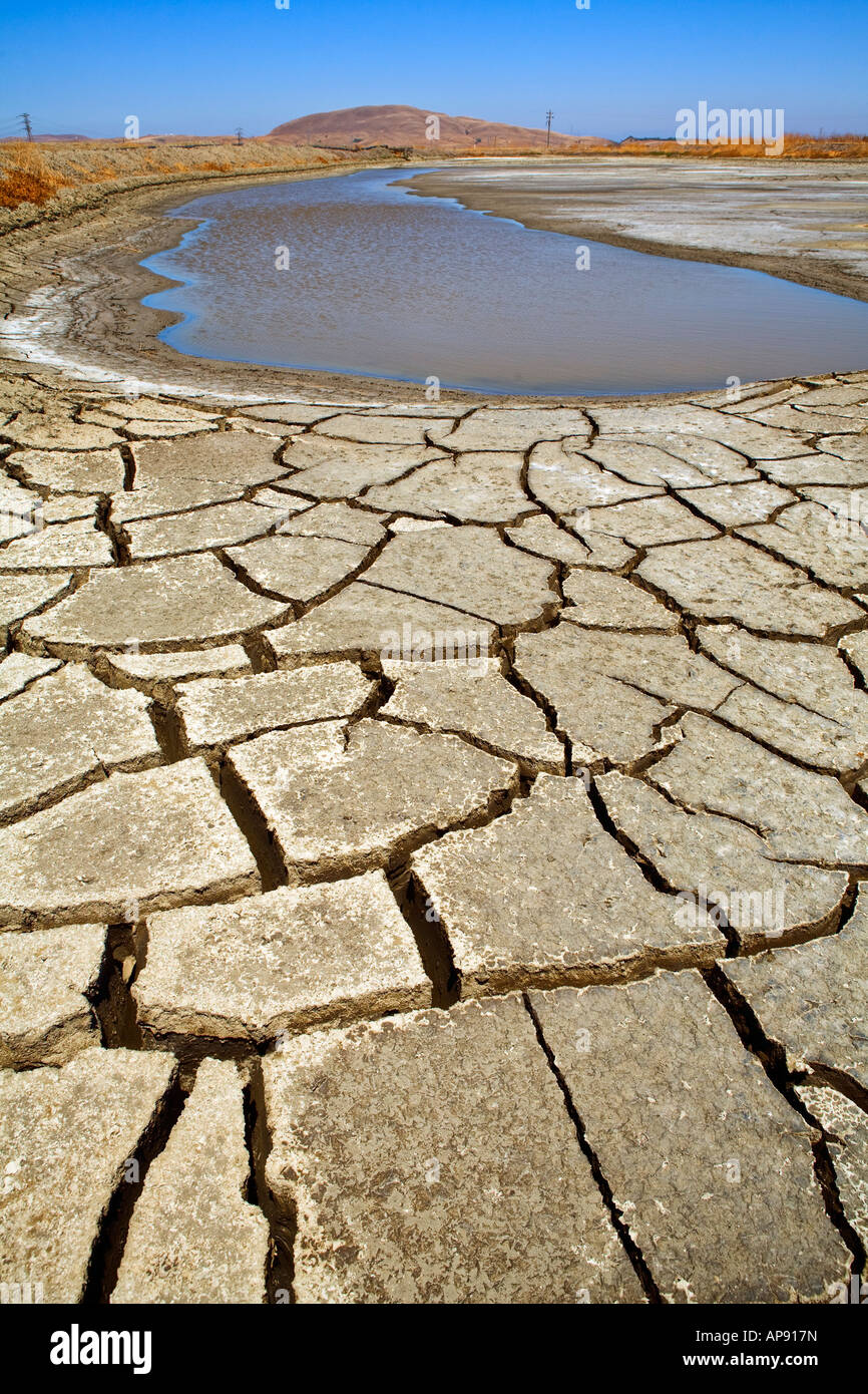 dried up water hole with dried and cracked earth and mud in the