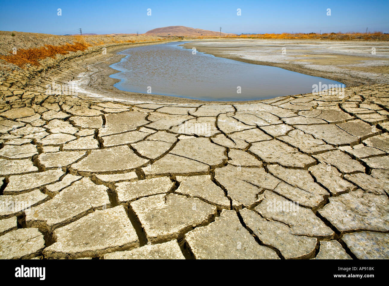 dried up water hole with dried and cracked earth and mud in the