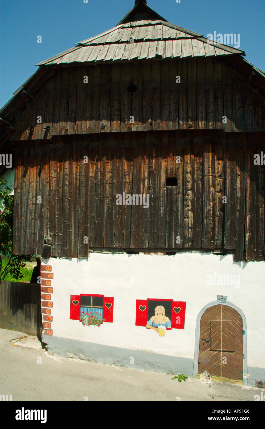 Old Barn With Mural Decoration In Kranjska Gora Slovenia Stock
