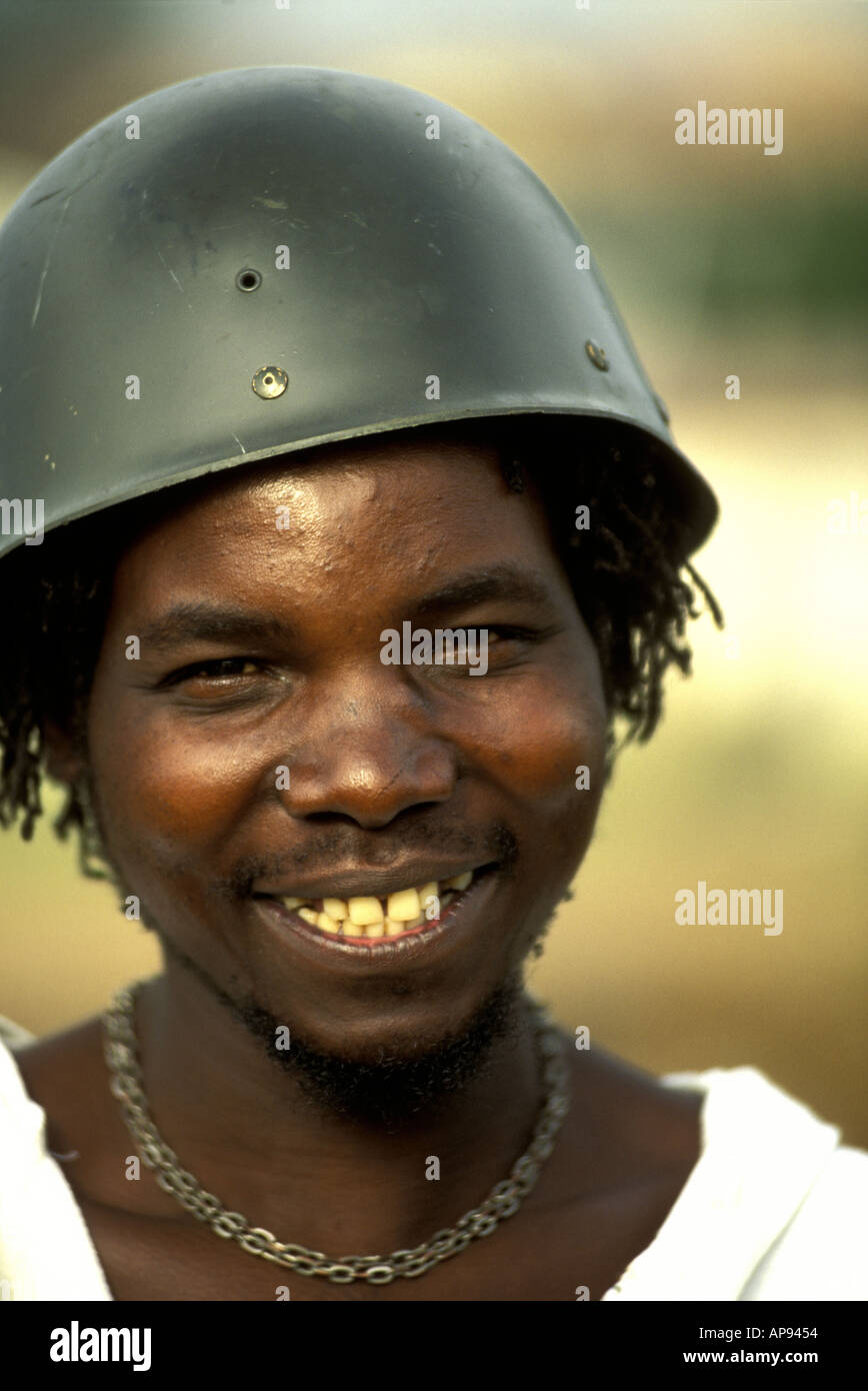 Smiling Africa wearing a helmet Stock Photo