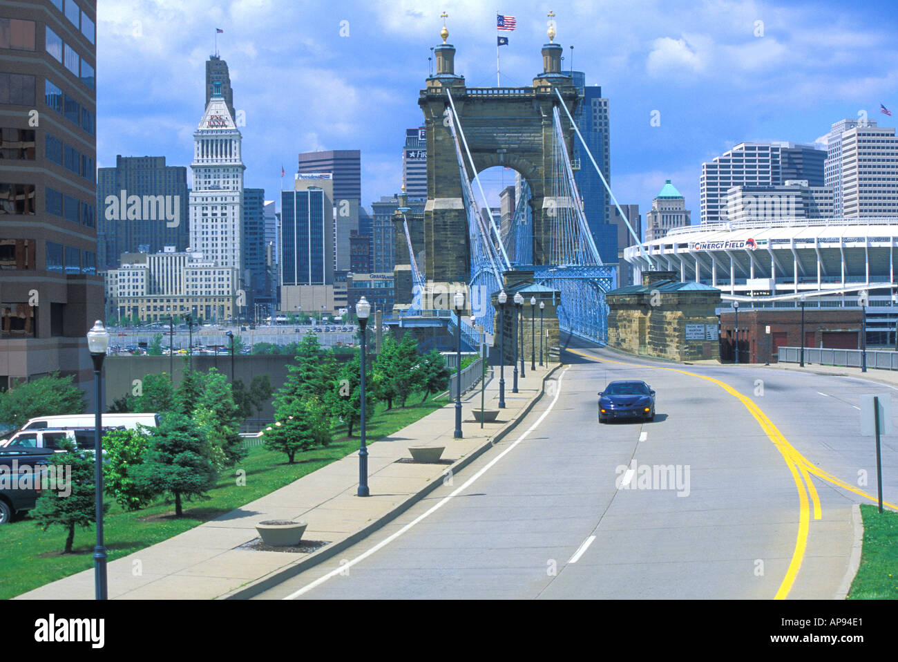 view from Covington Kentucky to Roebling Bridge over Ohio River to