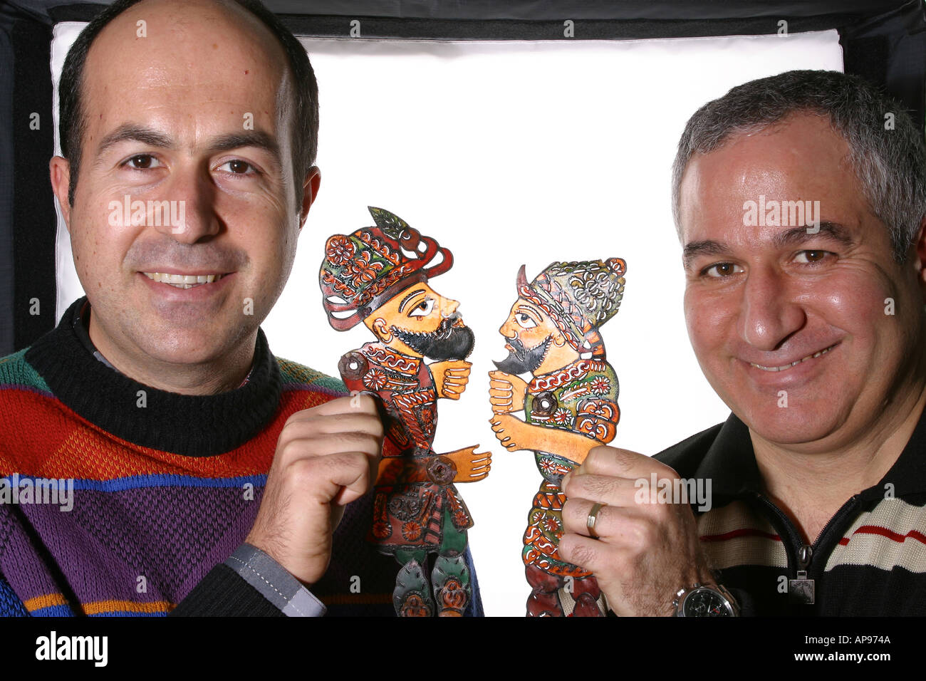 Brothers Hagop and Garo Saraf showing shadow puppets Grand Bazaar Istanbul Turkey Stock Photo