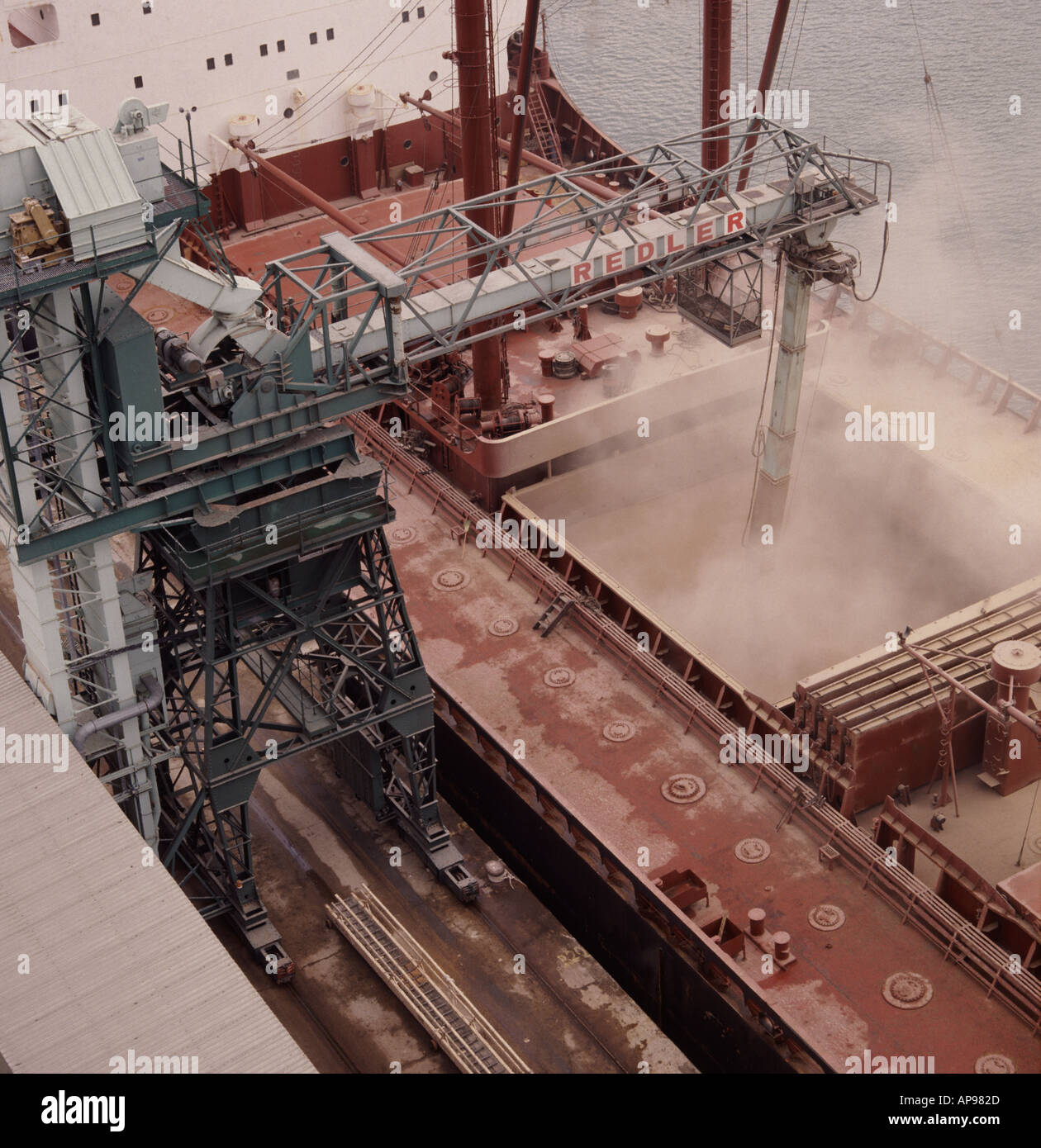 Looking down on a 26000 ton Lebanese grain ship loading its cargo at Southampton Docks Stock Photo