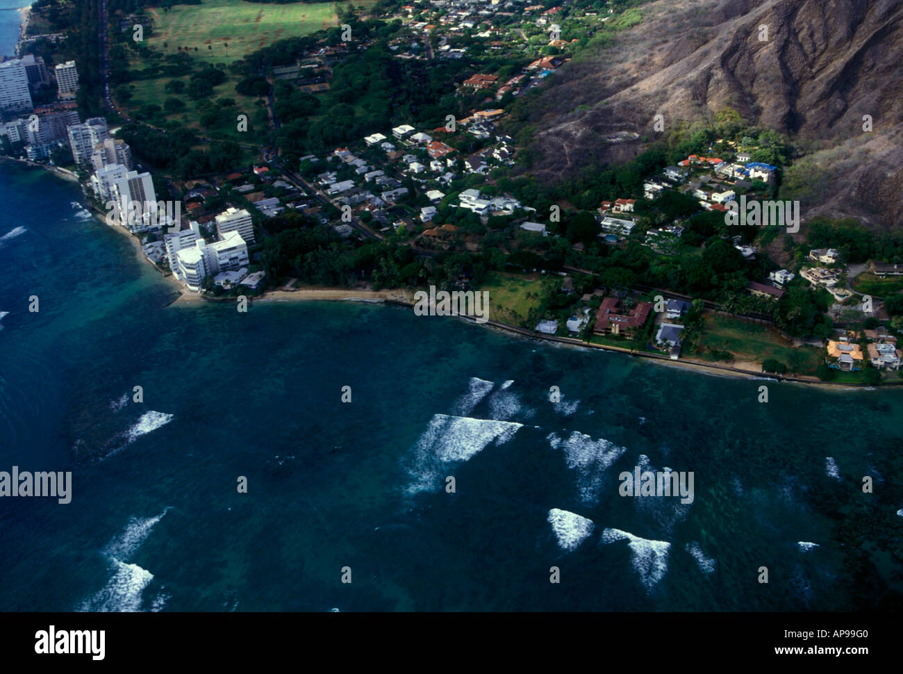 homes and apartments along beach at base of Diamond Head on Oahu Island