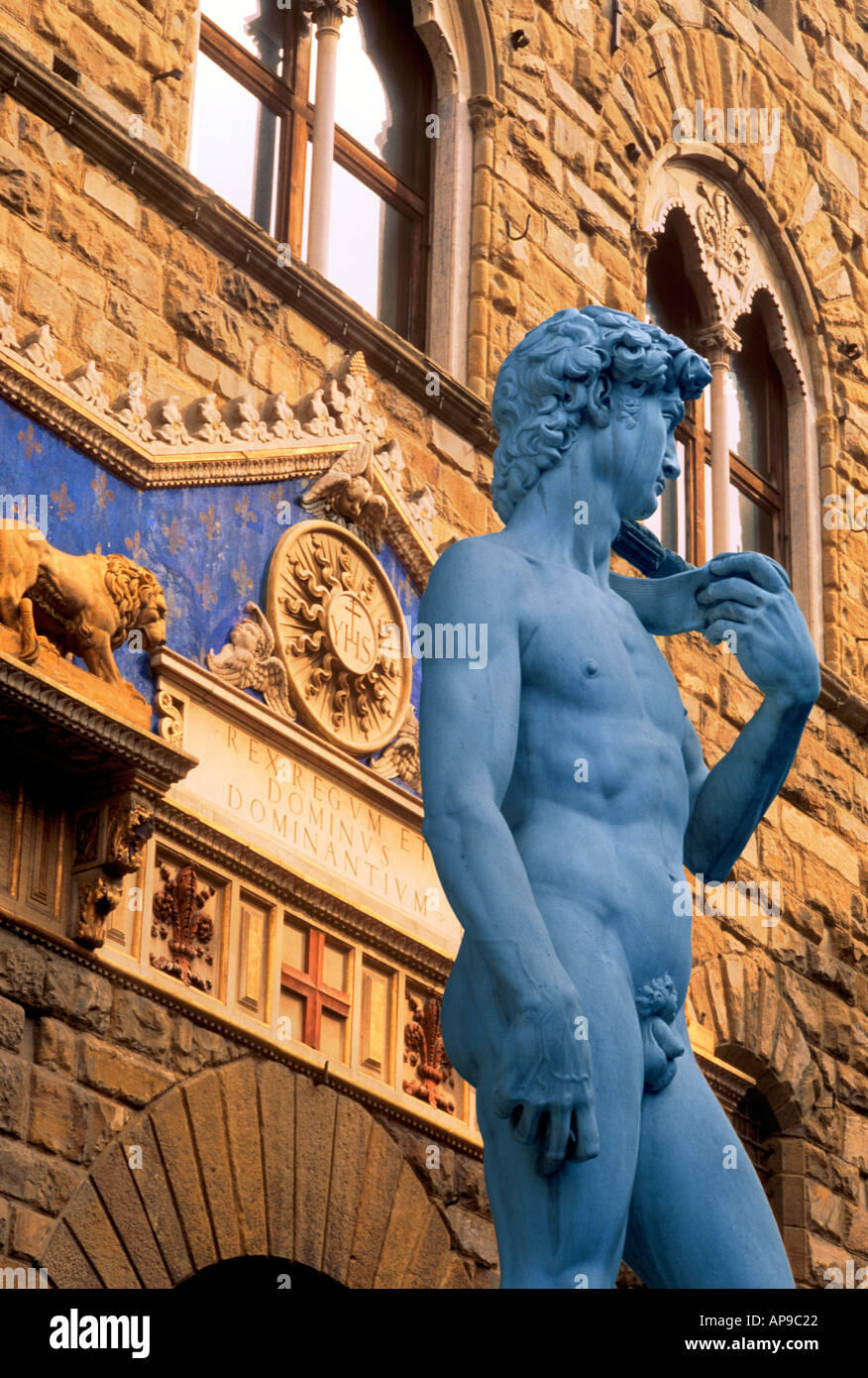 COPY OF DAVID BY MICHELANGELO AND PALAZZO VECCHIO FLORENCE TUSCANY ITALY Stock Photo