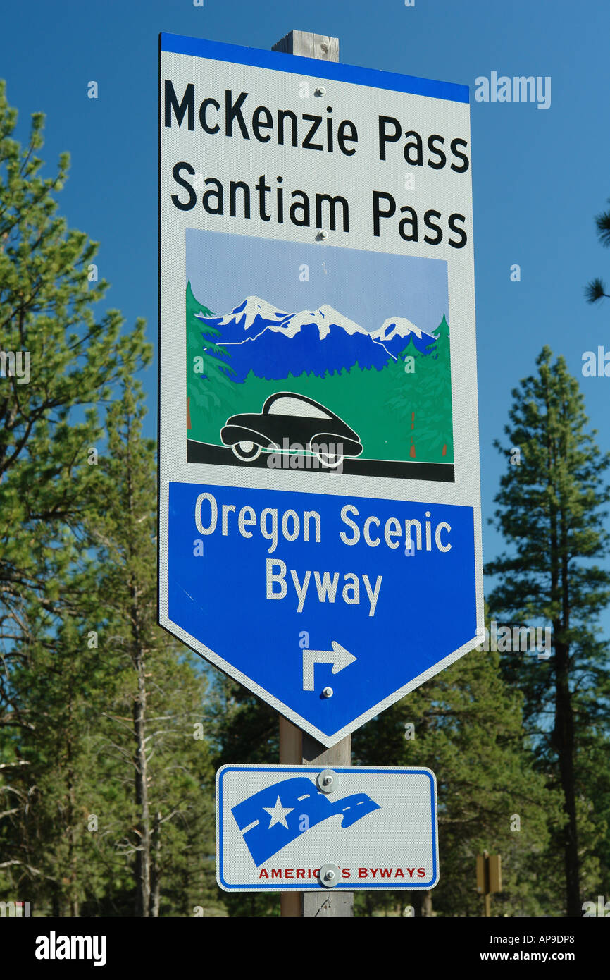 AJD50988, Bend, OR, Oregon, Deschutes National Forest, McKenzie Pass, Santiam Pass, Oregon Scenic Byway, road sign Stock Photo