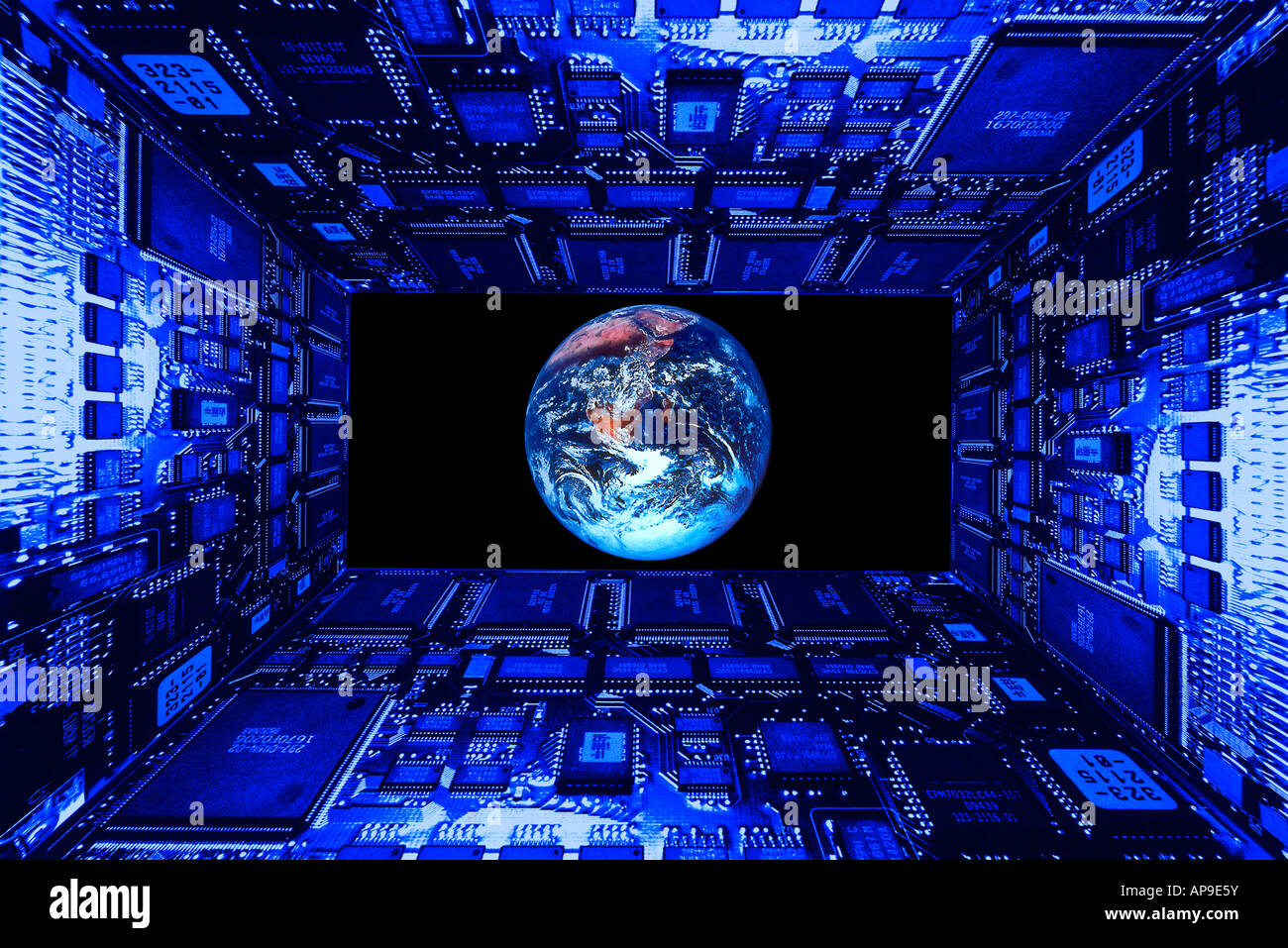 Computer boards with microchips 3D Planet Earth, digital composite ...