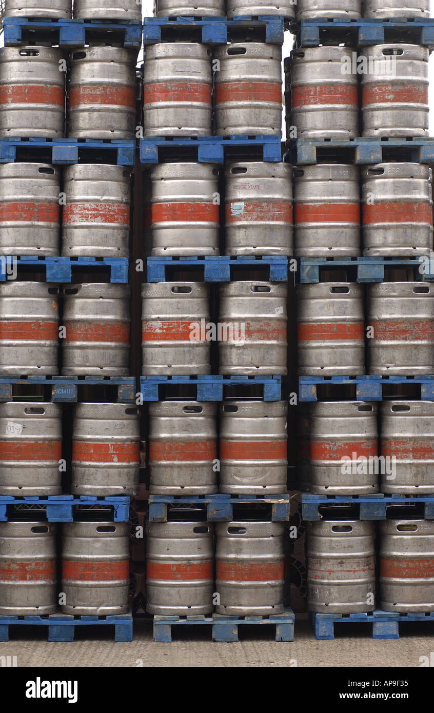 steel Beer barrels stacked on pallets at Youngs Brewery in South west