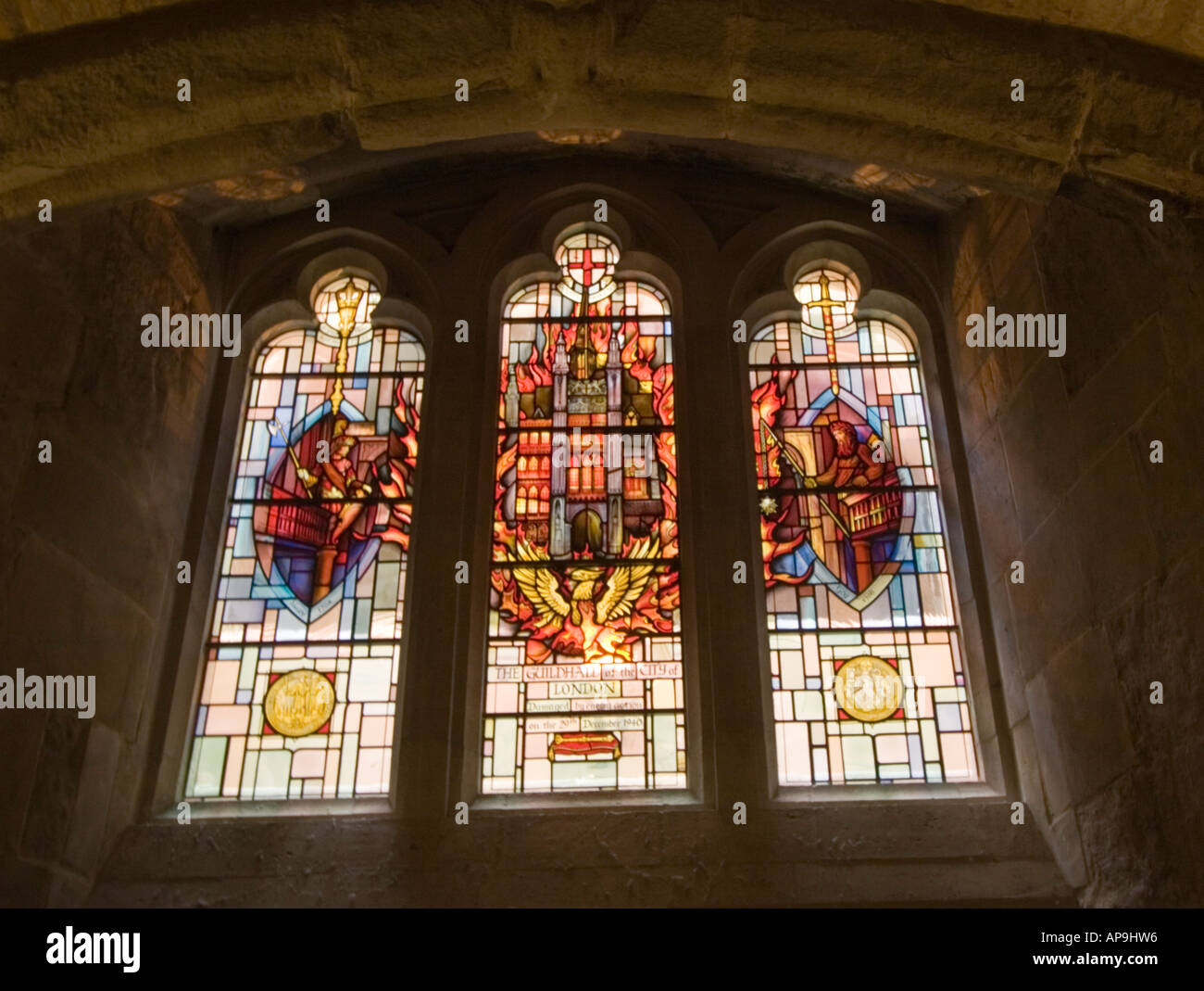 Stained glass windows in the medieval crypt beneath the guildhall hi