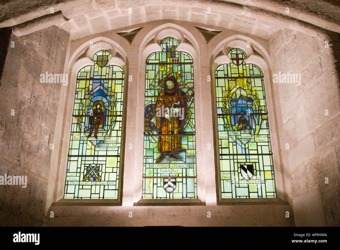 Stained glass windows in the medieval crypt beneath The Guildhall Stock