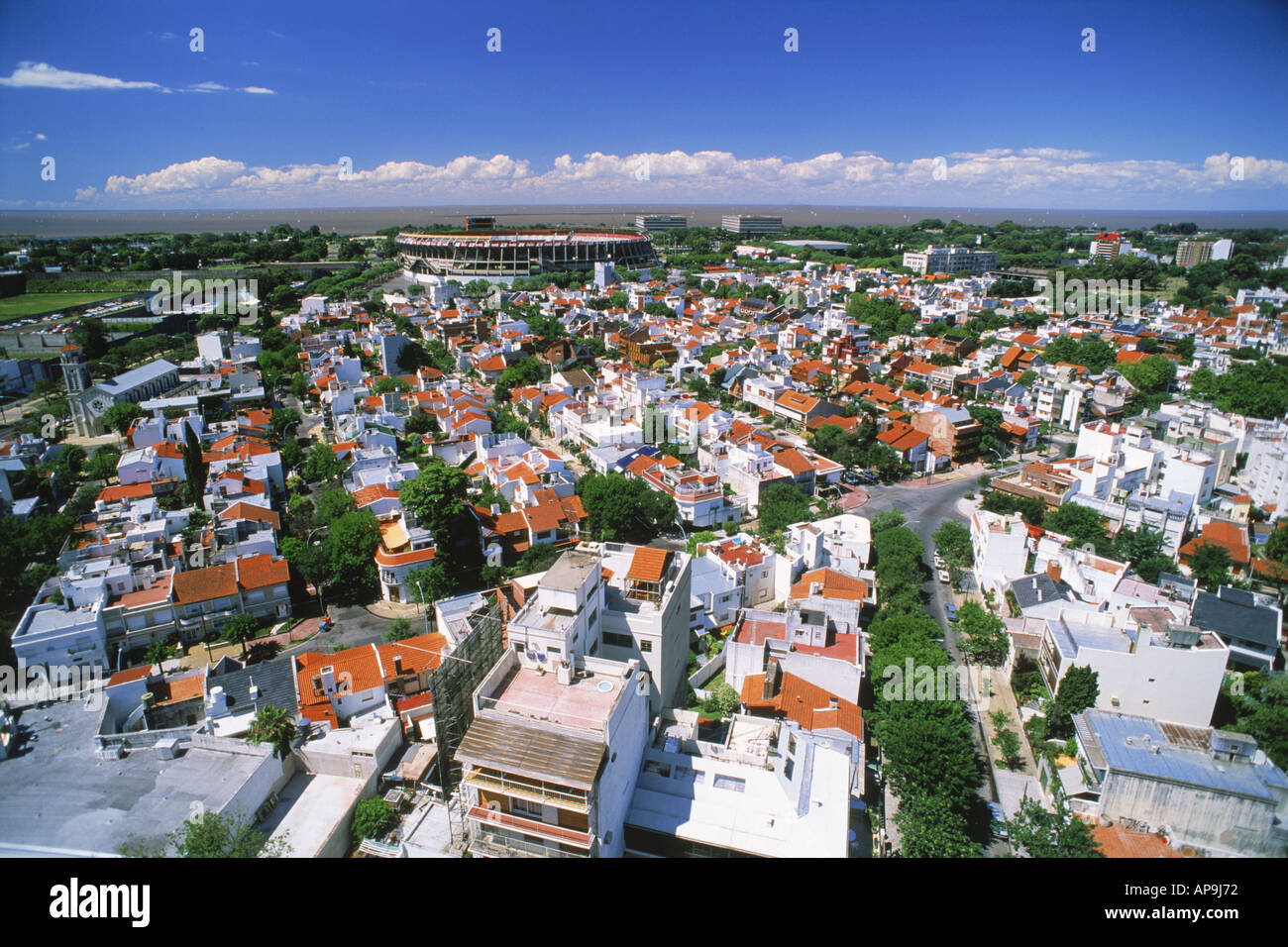 Overview of white homes in River Plata suburb with Stadium in Buenos Aires Stock Photo