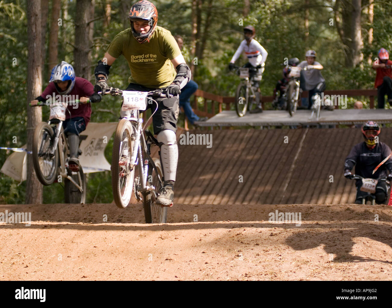 mountain bike biker race racing at Chicksands Bedfordshire final Round of the National 4X Series at Beds Fat Trax Chicksands on Stock Photo