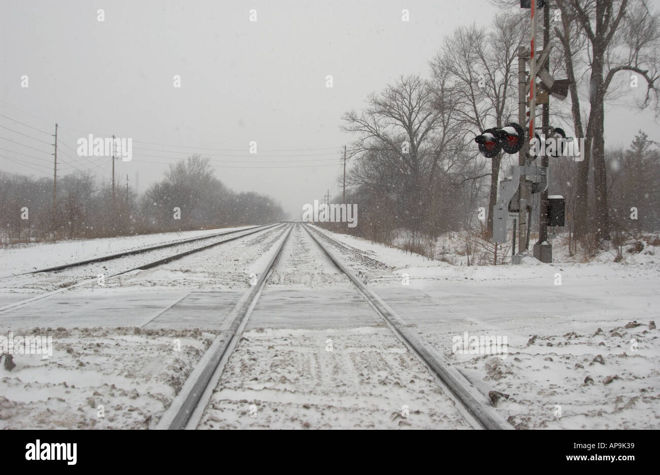 Railroad Train tracks in snow scene Stock Photo Alamy