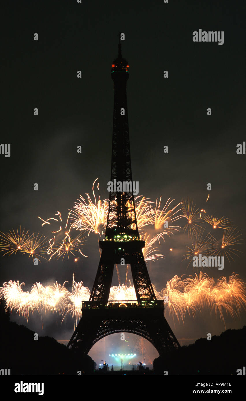 14 July Fireworks Light Up The Night Sky Over The Eiffel Tower