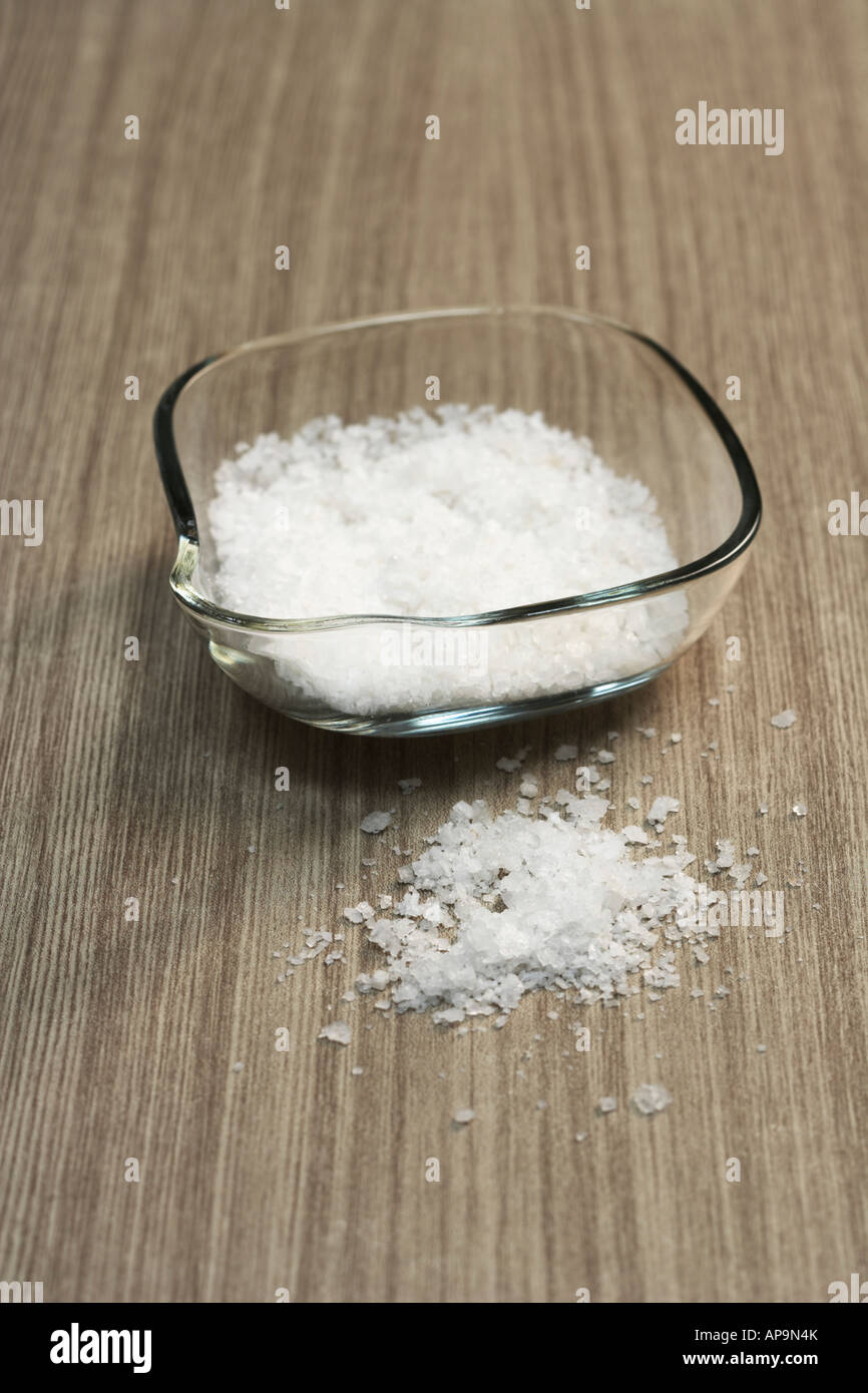 rock salt in glass dish Stock Photo