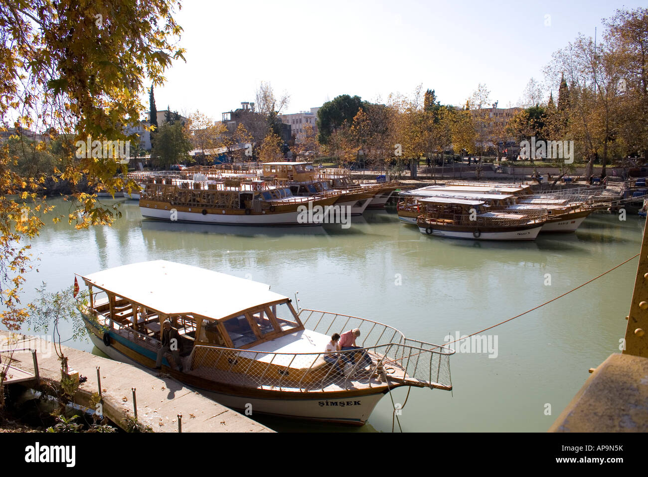 Manavgat River with tourist boats Stock Photo