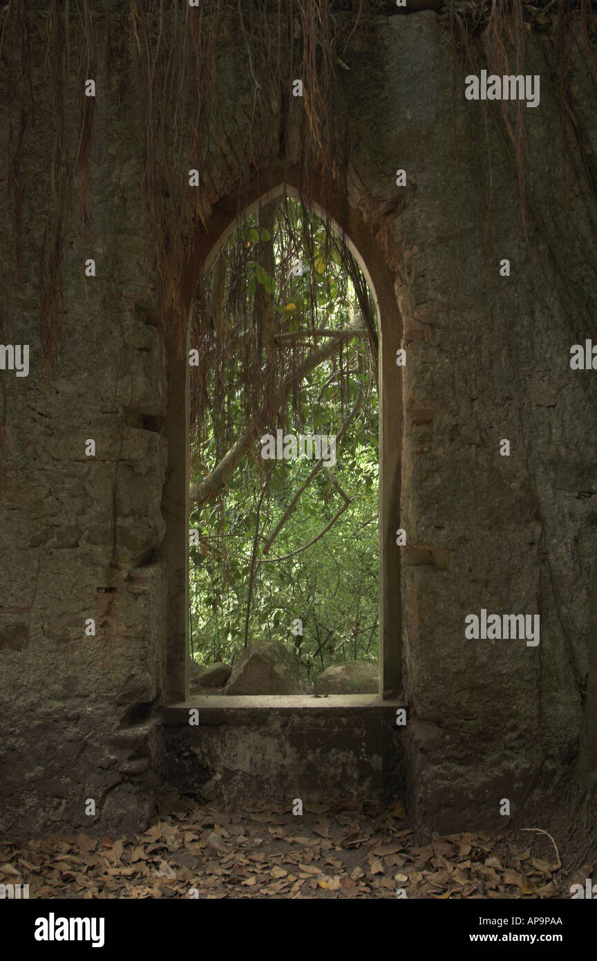 Stone door in moserrate Palace gardens, Sintra, Portugal Stock Photo