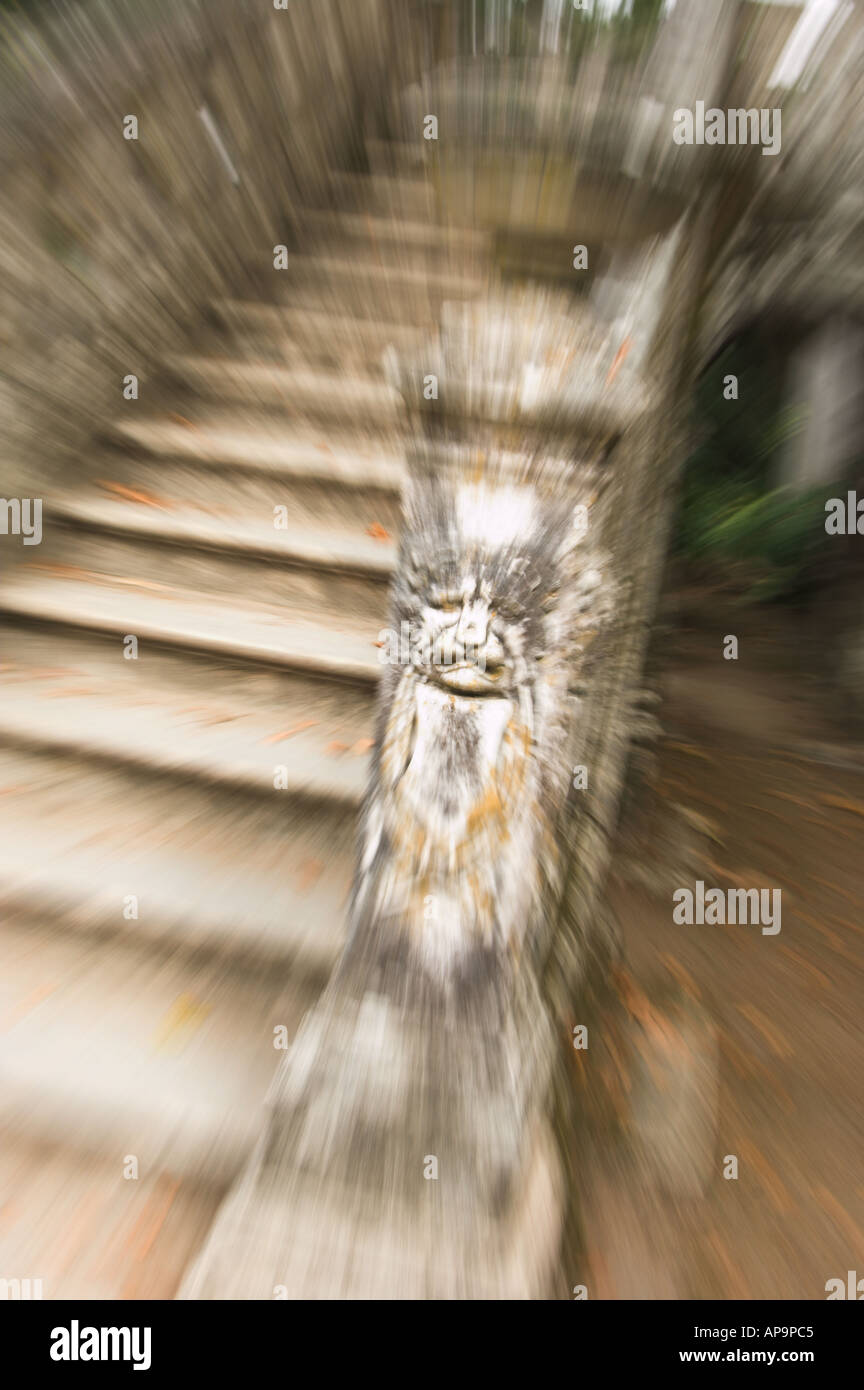 Blur dragon Stone head stairs in Moserrate palace, Sintra, Portugal, Europe Stock Photo