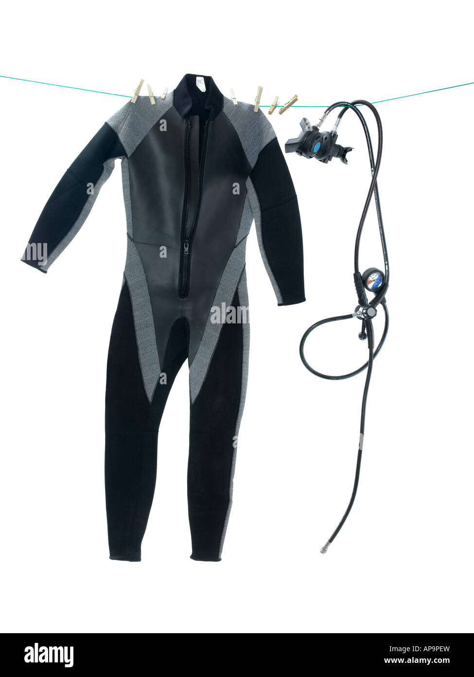 Wet suit and diving equipment on washing line Stock Photo Alamy