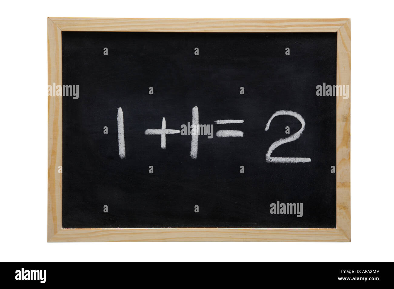 WOODEN FRAMED BLACK BOARD WITH THE SUM ONE PLUS ONE EQUALS TWO WRITTEN