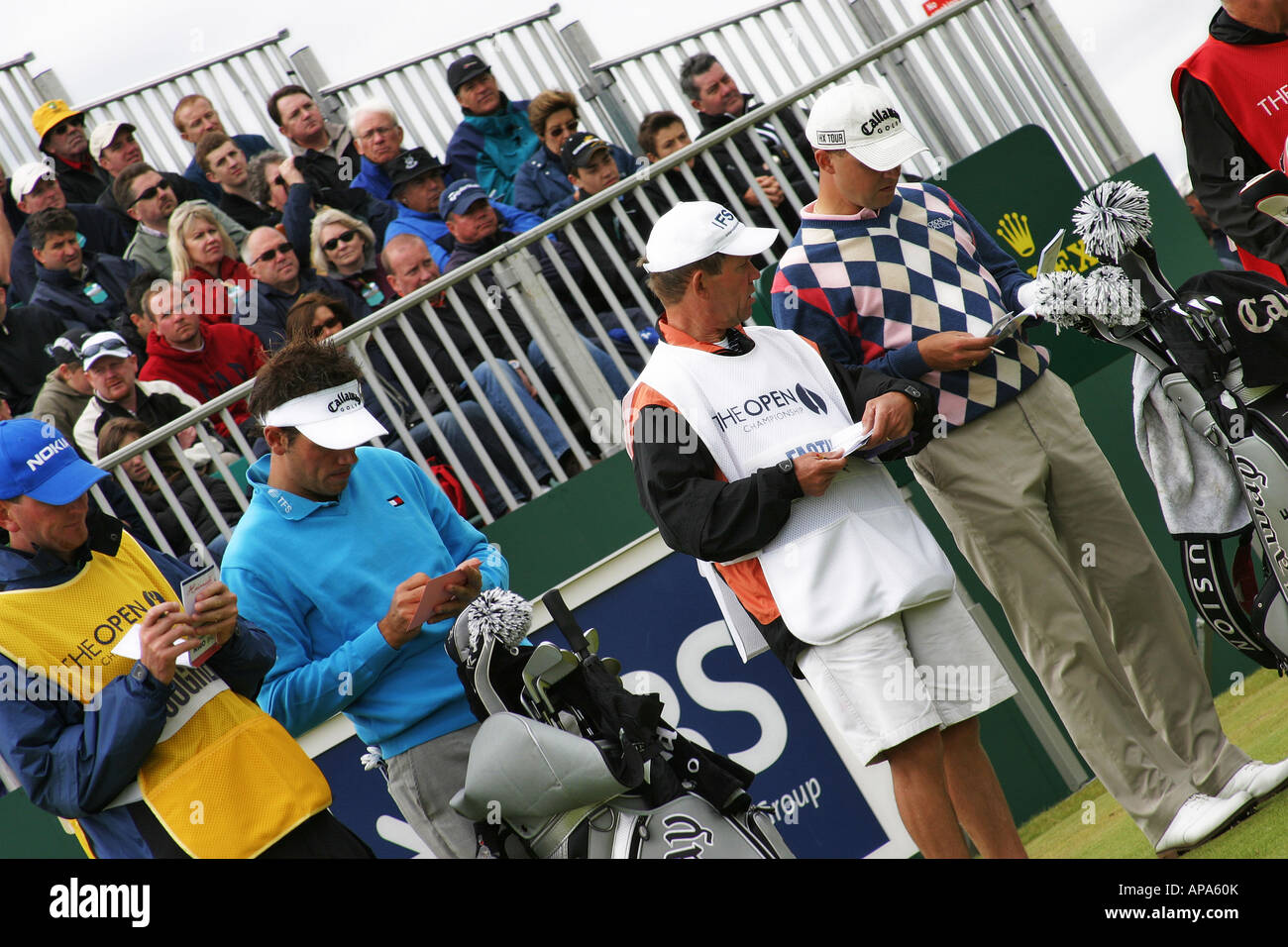Caddies and golfers checking scorecards Stock Photo