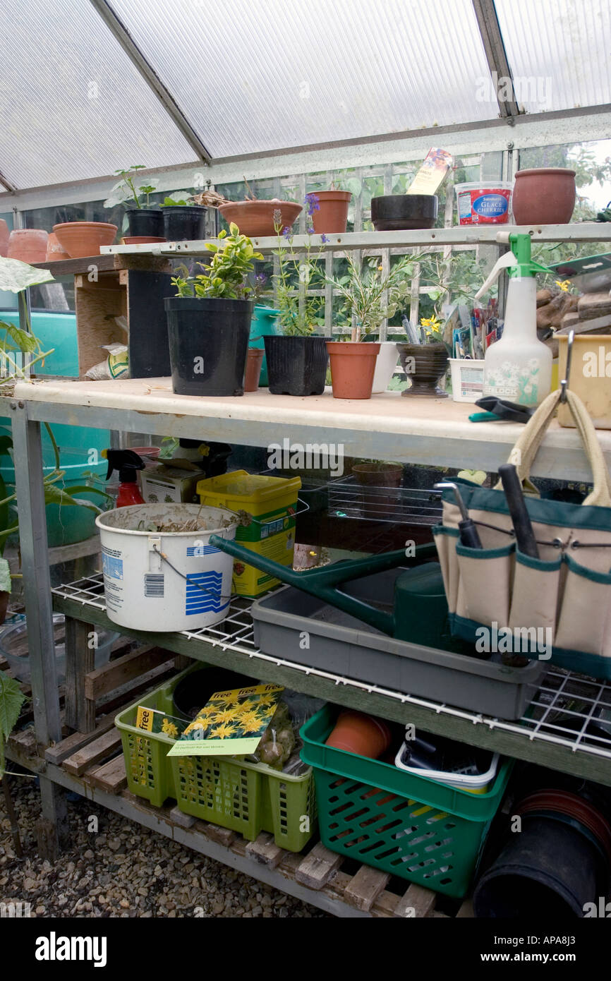 Potting area in a greenhouse. UK Stock Photo Alamy