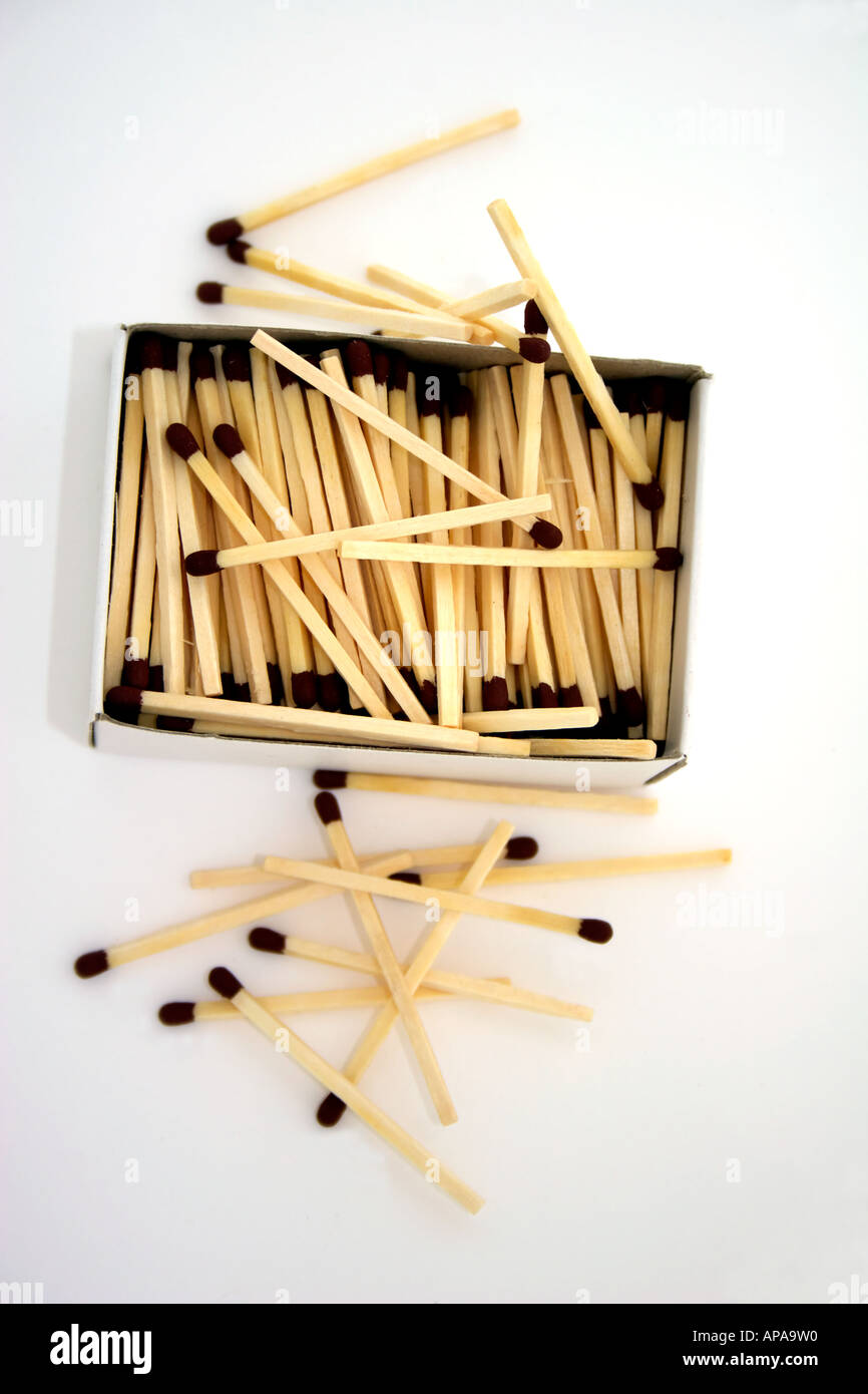 Box of safety matches wooden unlit match still life object viewed from overhead Jack Cox vertical Stock Photo