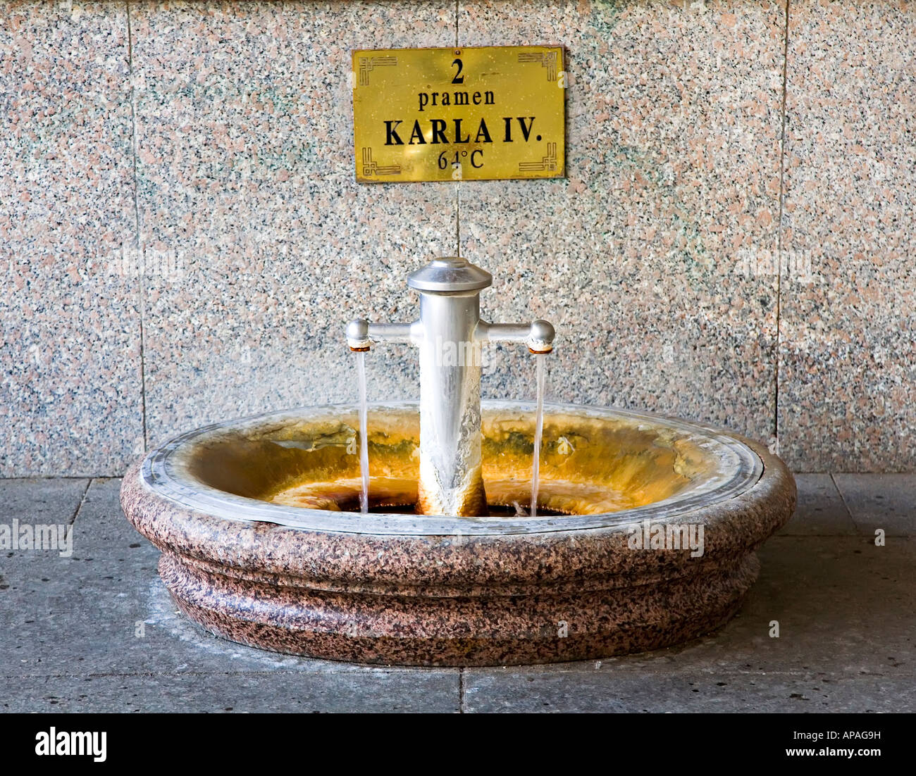 Hot spring 2 Karla IV pramen with 64 degree water Mlynska Kolonada Karlovy Vary Czech Republic Stock Photo