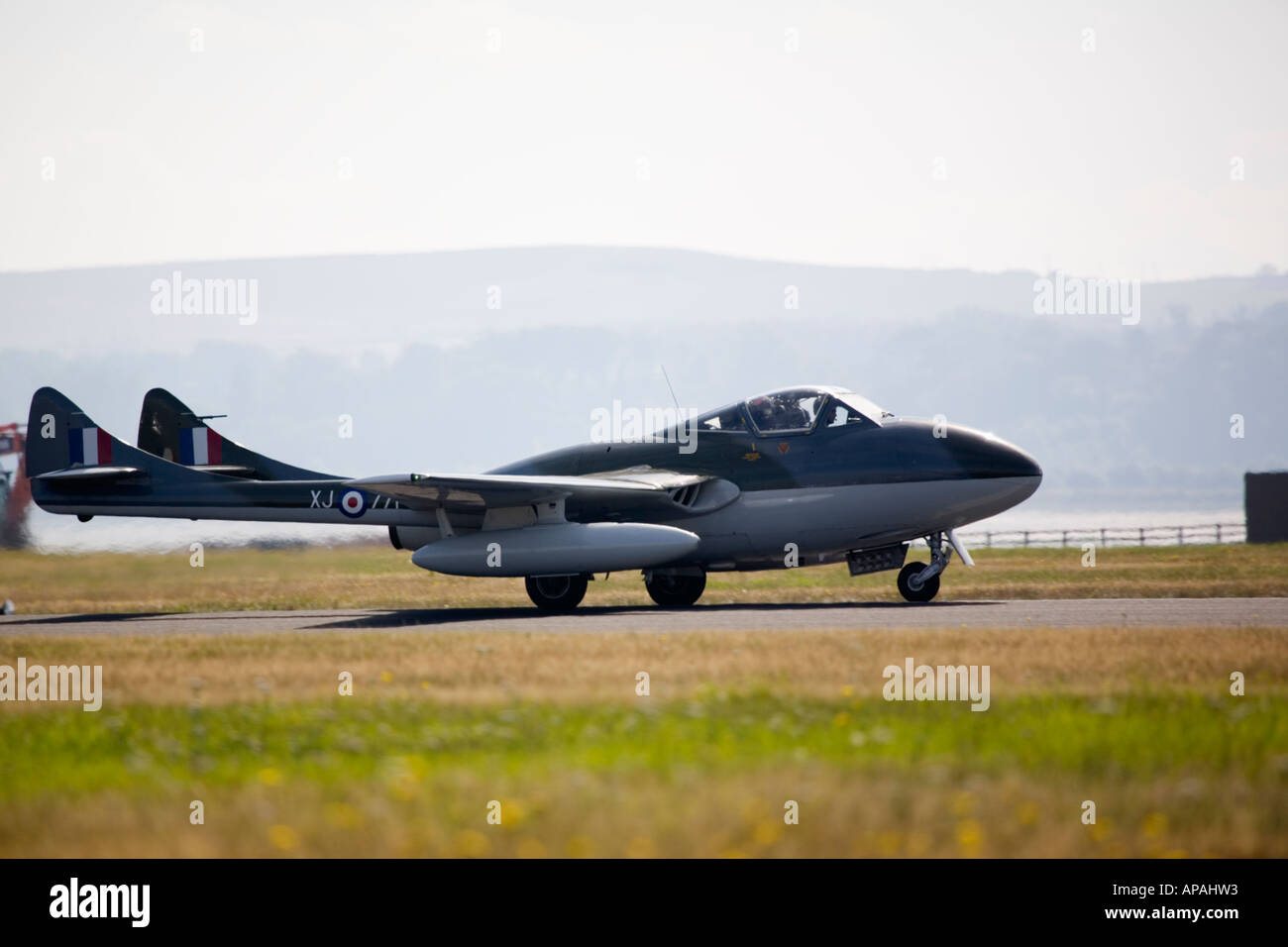 Vampire T11 / MK55 twin tail dual control jet fighter aircraft trainer on runway Stock Photo