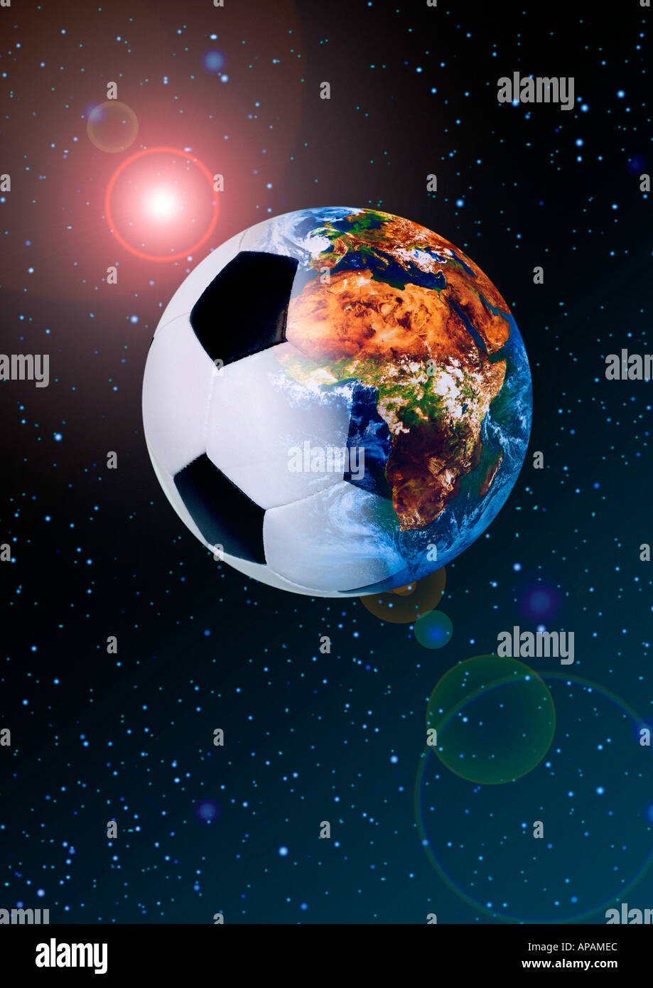 soccer ball and planet earth Fußball als Weltkugel Stock Photo