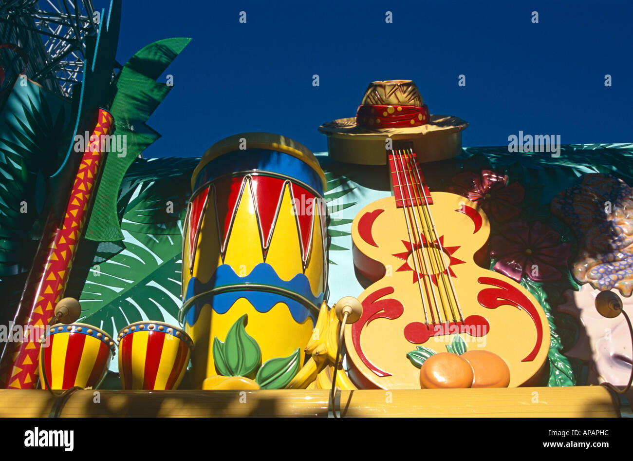 Colourful models of musical instruments on roof of shop, Las Vegas