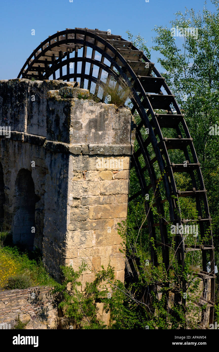 Spain andalusia cordoba the noria waterwheel near old roman bridge on guadalquivir river Stock Photo