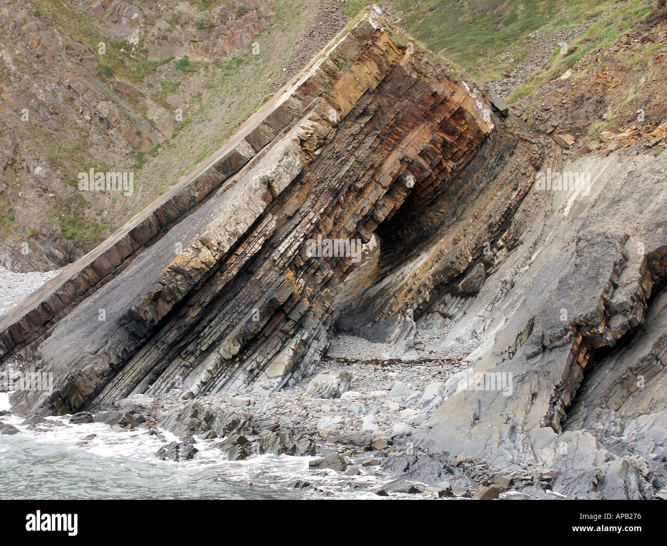 Geological formations at Hartland Quay in Devon.  Strata beach waves and sea visible. Stock Photo