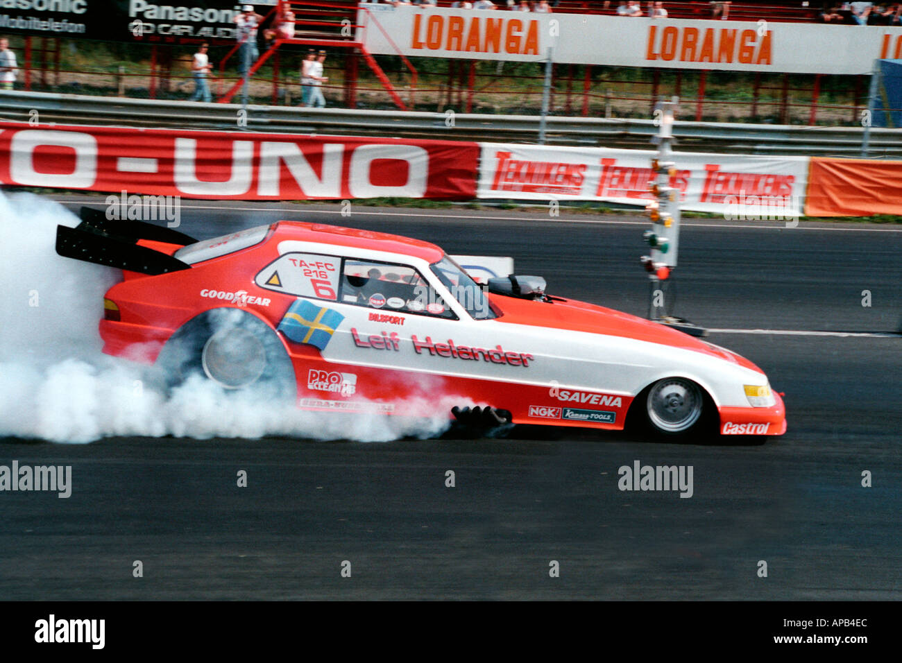 Leif Helanders saab bodied alcohol funny car burnout at mantrop park in sweden methanol Stock Photo
