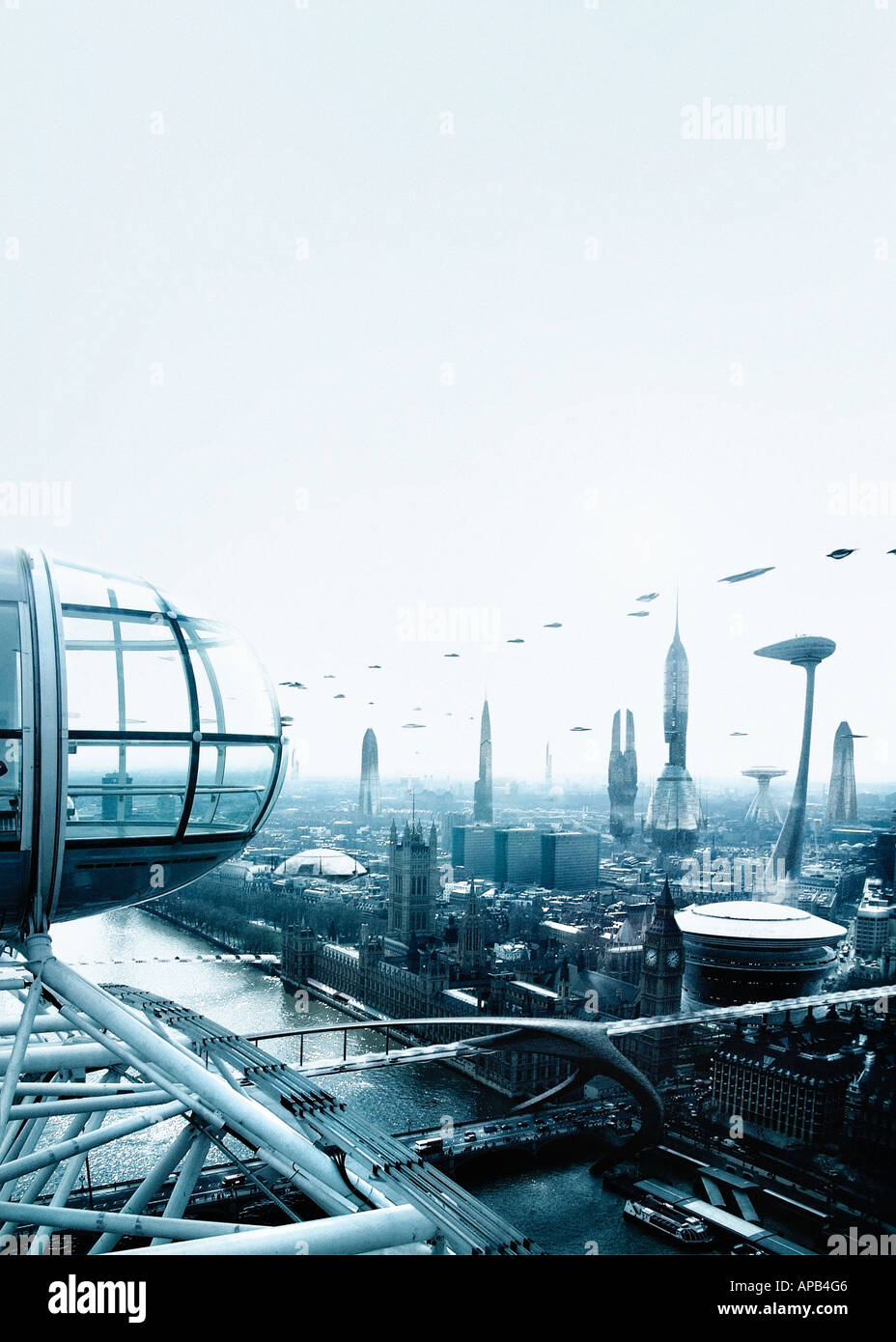 A futuristic vision of the London skyline with flying vehicles Stock Photo