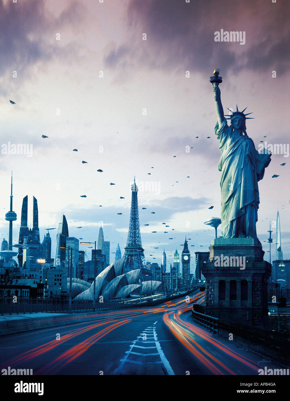 A futuristic city featuring the Statue of Liberty, Eiffel Tower, Big Ben, Sydney Opera House and the CN Tower Stock Photo