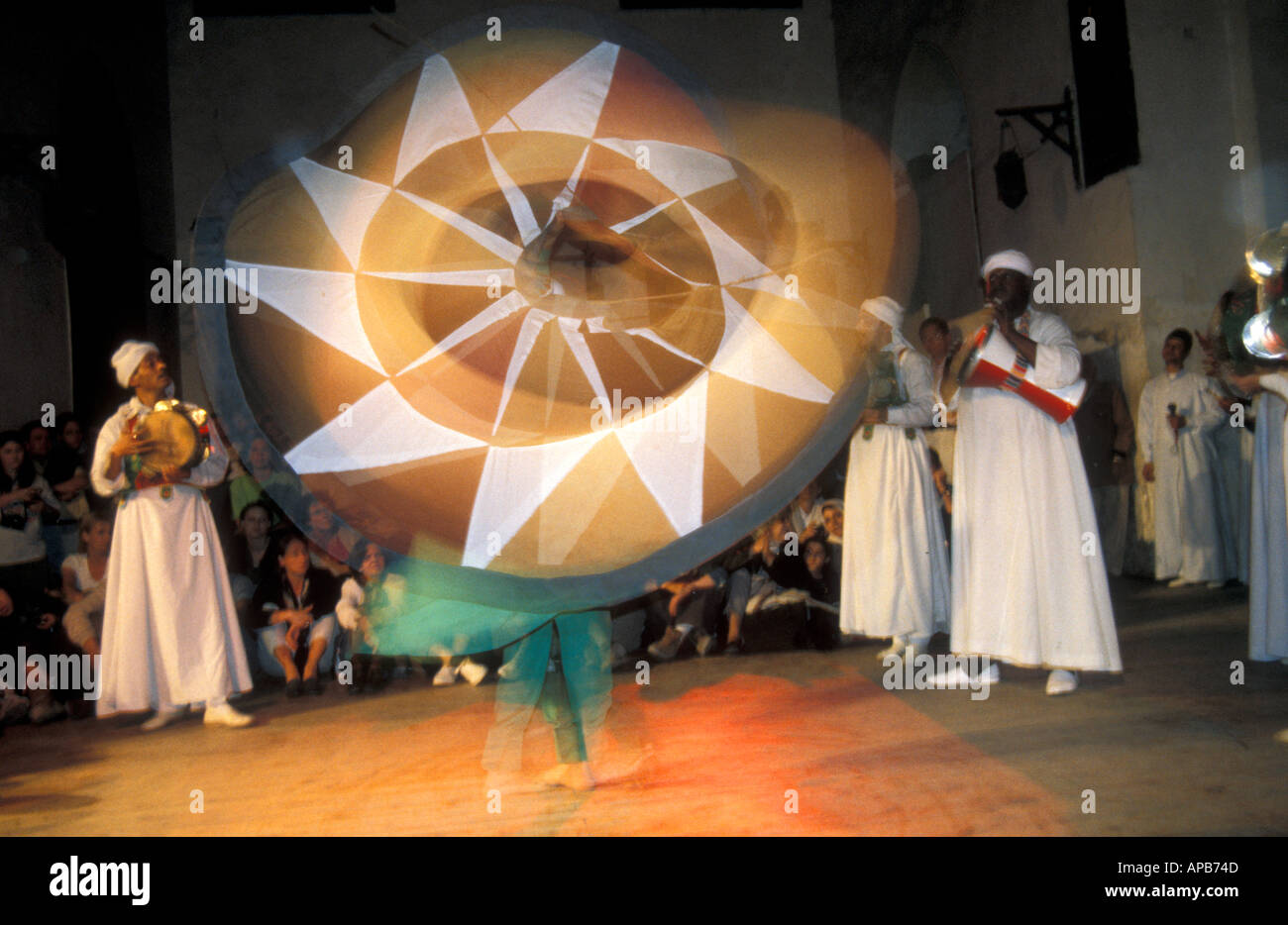 The Al Tannoura Egyptian Heritage Dance Troupe performing traditional Sufi dance in Cairo Egypt Also known as the Whirling Derv Stock Photo