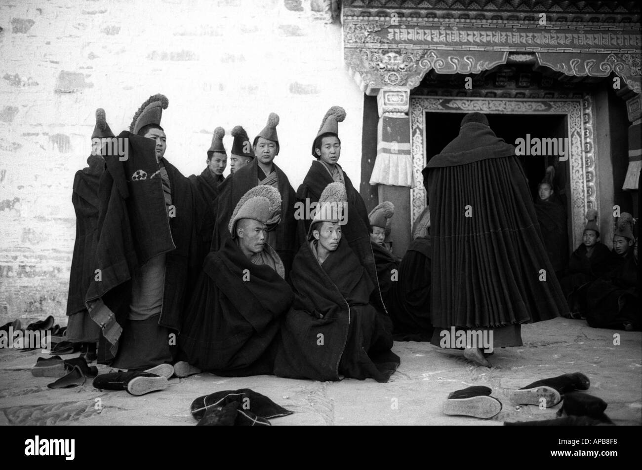 Tibetan Monks of the Yellow Hat Sect in the Labrang Monastery, Xiahe, Gansu Province, Peoples Republic of China Stock Photo