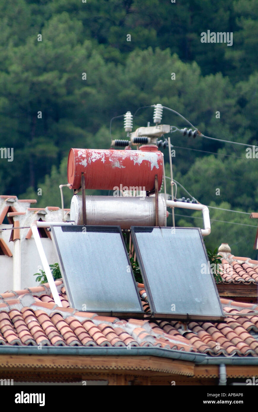 solar water heating panels on roof Stock Photo