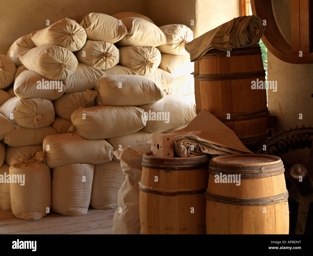 Canada Ontario Morrisburg Upper Canada Village stacked bags of flour at the Bellamy s Steam Flour Mill Stock Photo