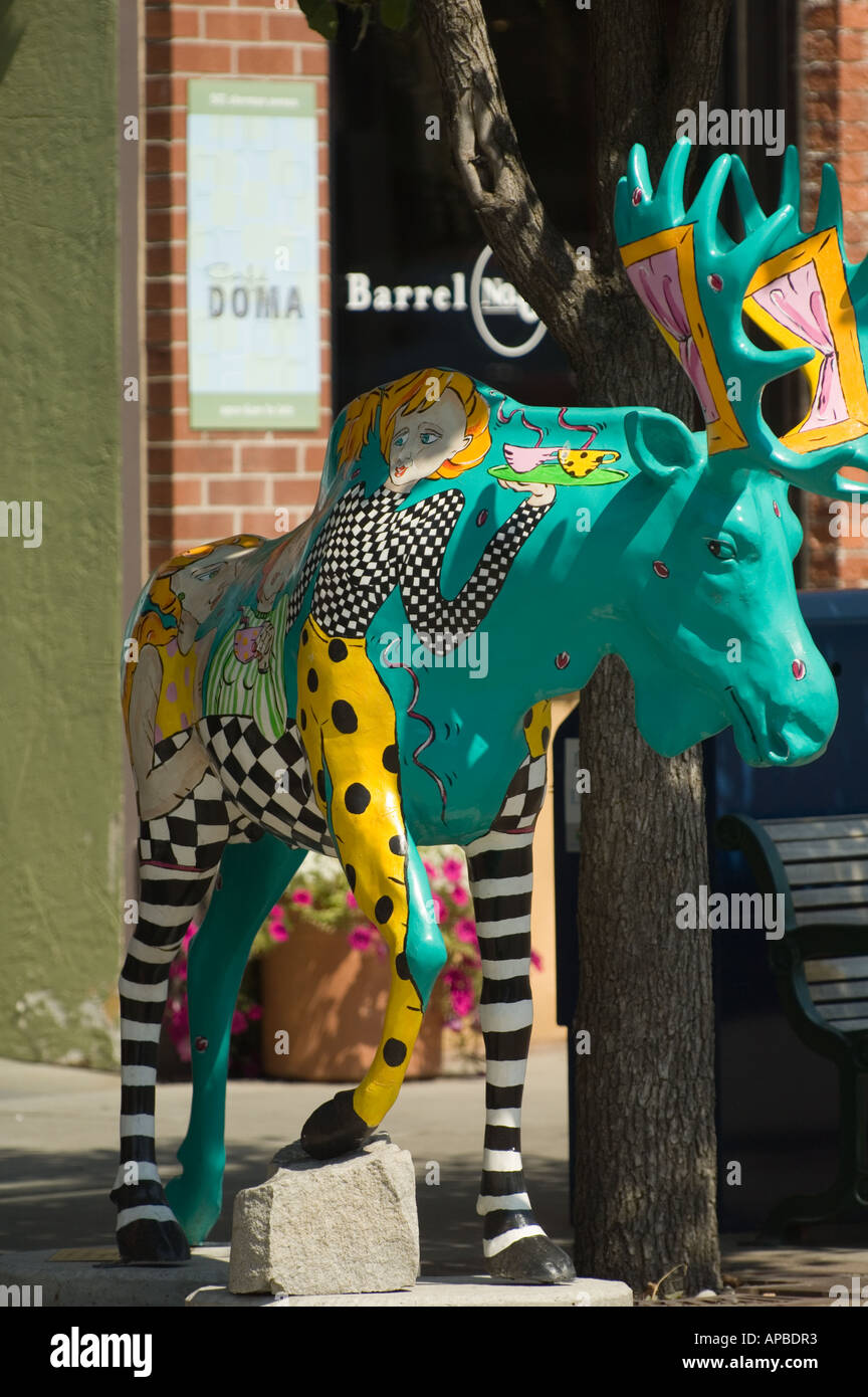 IDAHO city of COEUR D ALENE COLORFUL DOWNTOWN SCENE of MOOSE STATUE Stock Photo