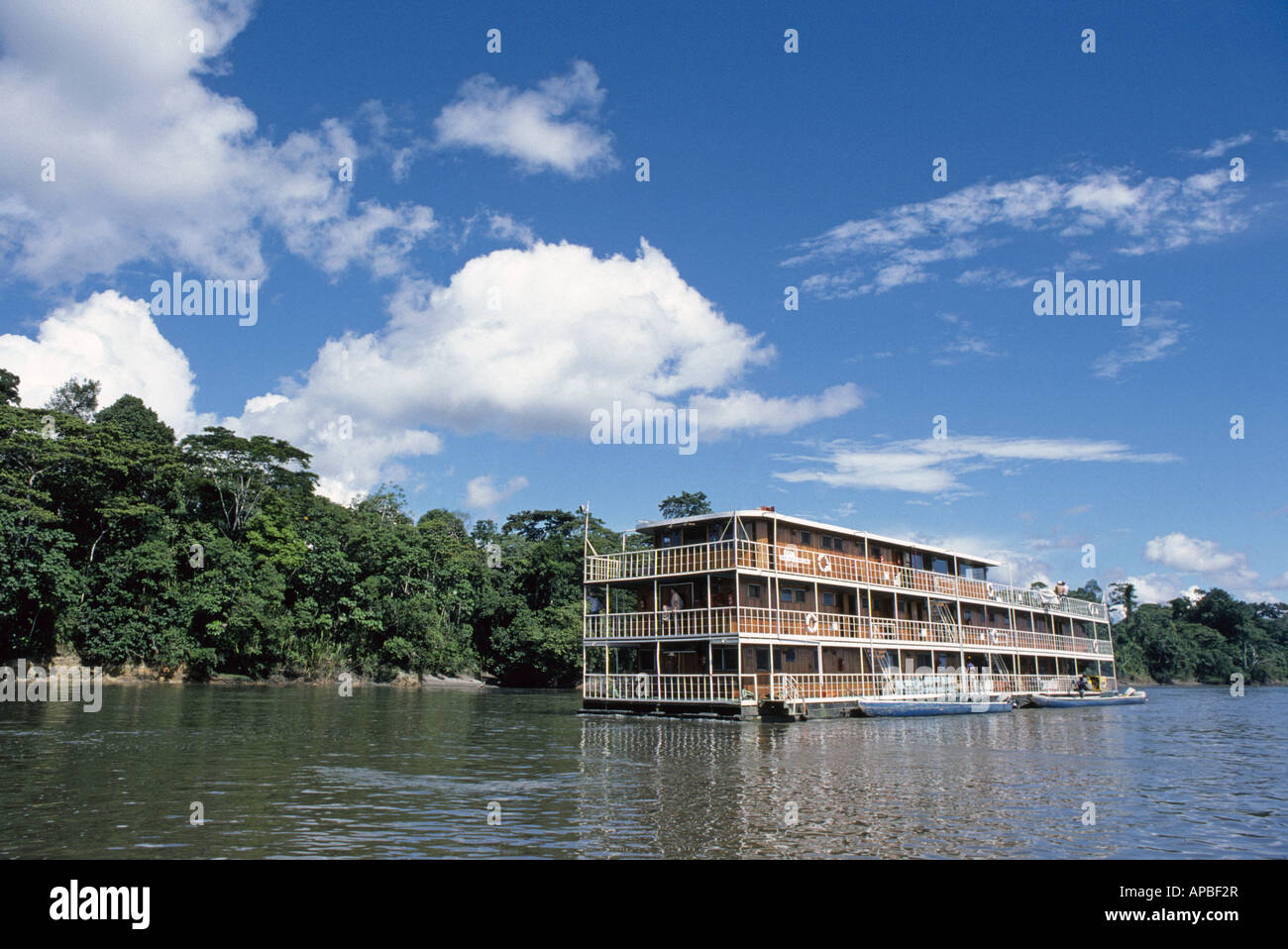 The Flotel Orellana a floating hotel on the Rio Napo River a tributary of the Amazon in the rain forest of Ecuador in the Amazon Stock Photo