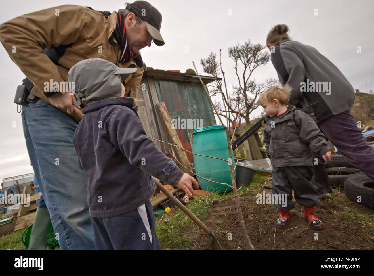 Mother Father children digging allotment Stock Photo