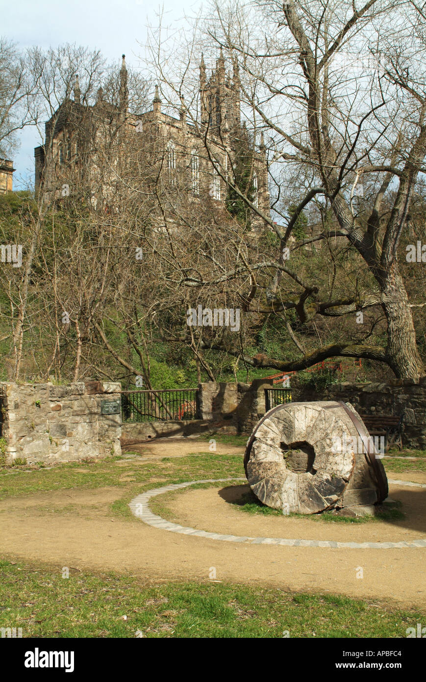 The site of Lindsay's Mill with the former Holy Trinity Church in the background, Dean Village, Edinburgh, Scotland, UK. Stock Photo